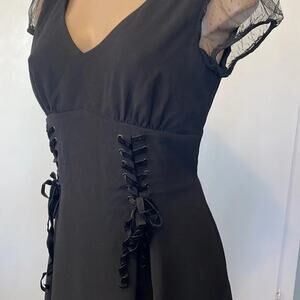 Hell Bunny Black Mini Dress Size S Sheer Mesh Sleeve Gothic Fit & Flare